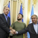 Ukrainian President Volodymyr Zelenskyy, center, Turkish President Recep Tayyip Erdogan, left, and United Nations Secretary General Antonio Guterres shake hands after their meeting in Lviv, Ukraine, Thursday, Aug. 18, 2022. (AP Photo/Evgeniy Maloletka)