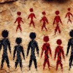 Ilustración (realizada por los investigadores con una IA) de un encuentro entre un grupo de neandertales (en negro) y un grupo de humanos modernos (en rojo, fila superior) con descendientes que muestran una ascendencia neandertal reciente (en rojo, fila inferior), imaginado como una pintura rupestre. El ADN extraído de huesos y dientes de estos primeros ancestros humanos está ayudando a los científicos a comprender las interacciones entre los primeros Homo sapiens y los neandertales con los que se encontraron tras migrar fuera de África.