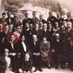 Homenaje a Federico García Lorca y Margarita Xirgu con motivo del estreno de "Mariana Pineda" en Granada, 1927. En círculos marcados Joaquín Amigo y Lorca