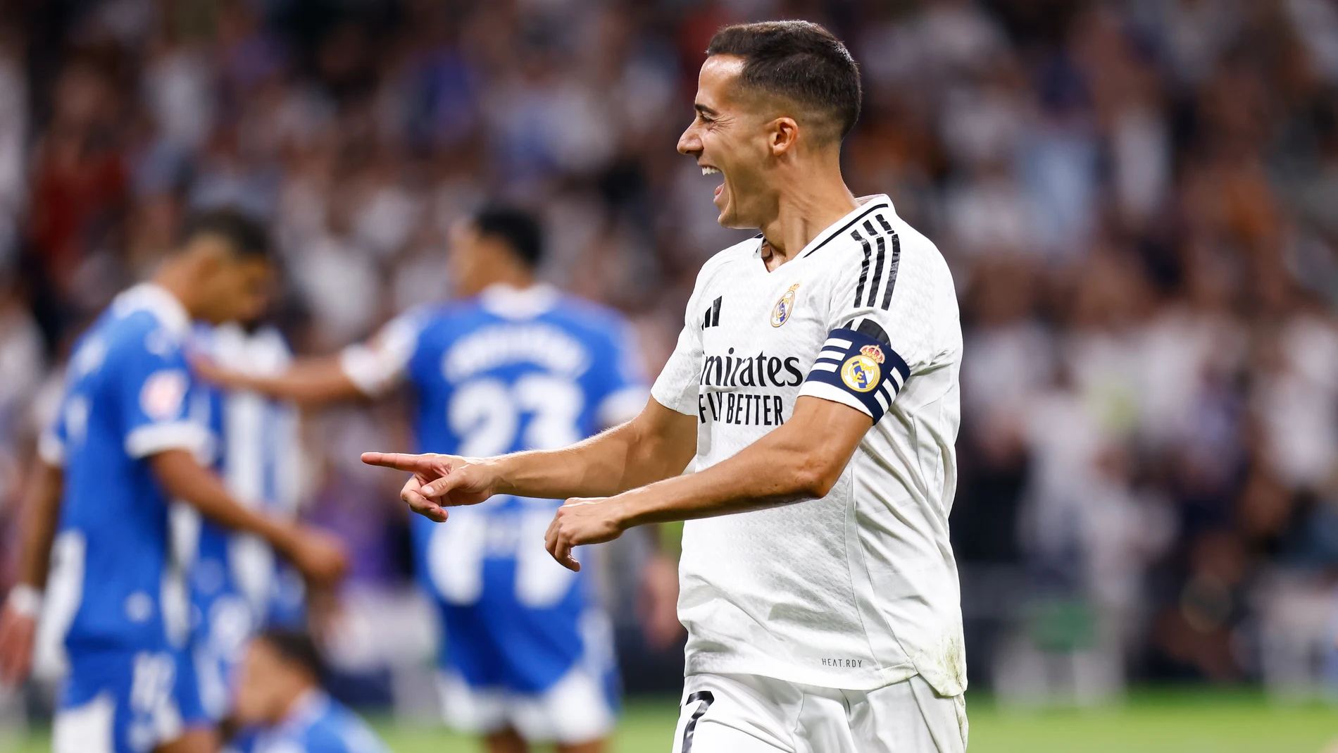 Lucas Vazquez of Real Madrid celebrates a goal during the Spanish League, LaLiga EA Sports, football match played between Real Madrid and Deportivo Alaves at Santiago Bernabeu stadium on September 24, 2024, in Madrid, Spain. AFP7 24/09/2024 ONLY FOR USE IN SPAIN