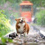 Perro corgi feliz bajo la lluvia