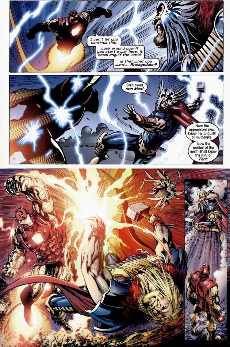Iron Man demuestra el potencial que tiene la armadura Thorbuster contra Thor